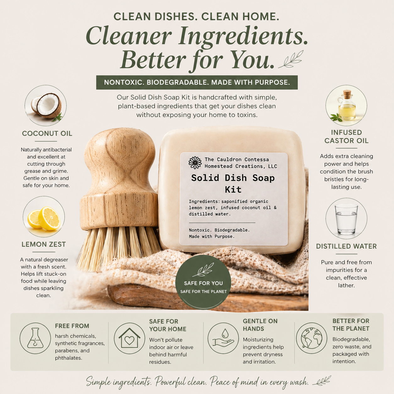 Solid dish soap kit with wooden brush and coconut oil, lemon zest, and castor oil graphics on a white background.
